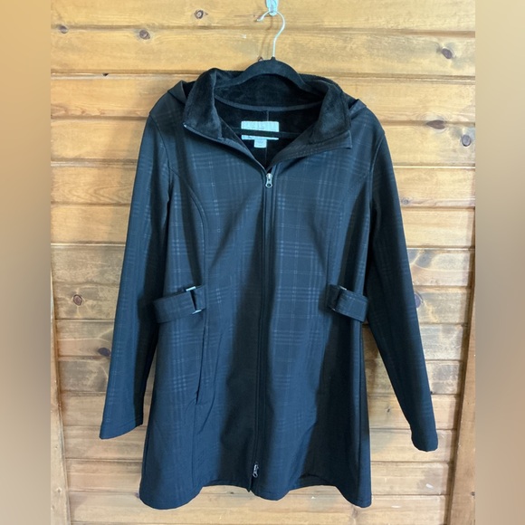 Jaclyn Smith Jackets & Blazers - Jaclyn Smith Herringbone Black Trench Coat with Hood